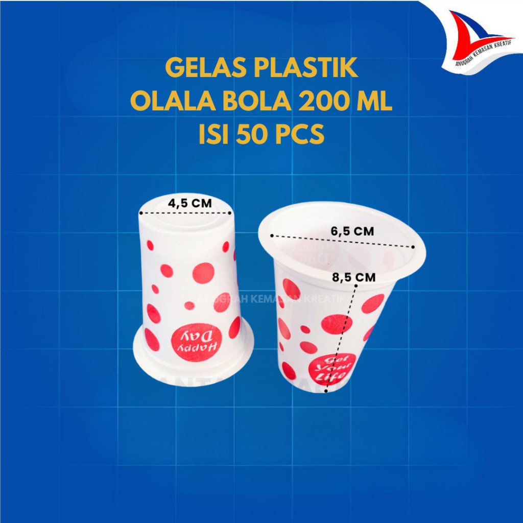 Gelas Olala 200 Ml Motif Bola Bola / Gelas Kopi Teh Syrup Isi 50 Pcs