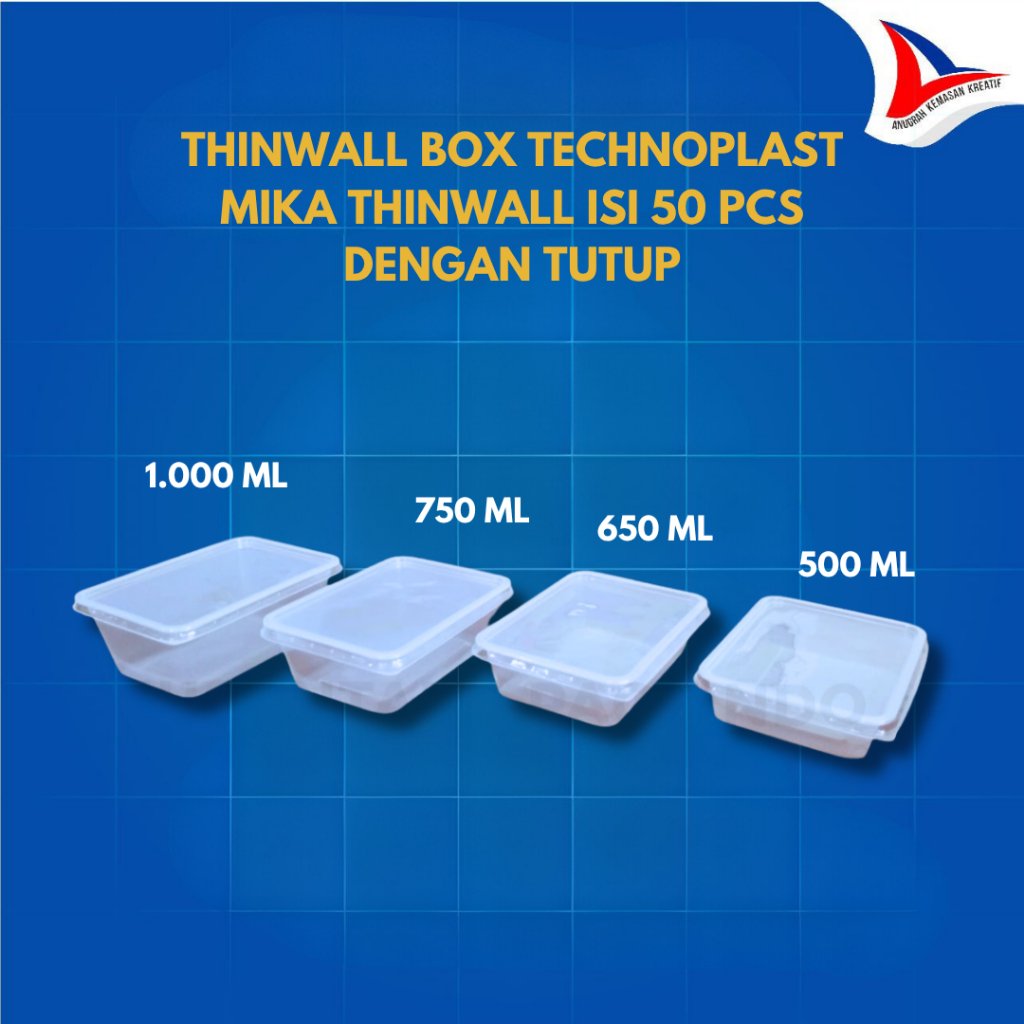 Thinwall Mika Box Technoplast Ukuran 500 ml 650 ml 750 ml 1.000 ml Isi 50 Pcs Wadah Plastik