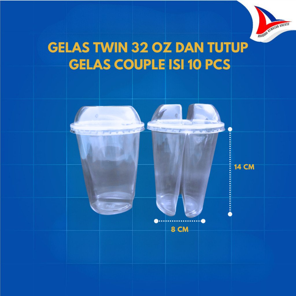 Gelas Twin 32 Oz Dan Tutup / Gelas Couple Isi 10 Pcs