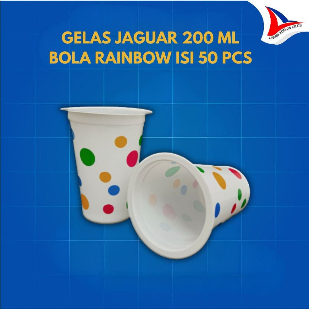 Gelas Jaguar 200 Ml Bola Rainbow / Gelas Plastik Bola Warna Warni Isi 50 Pcs