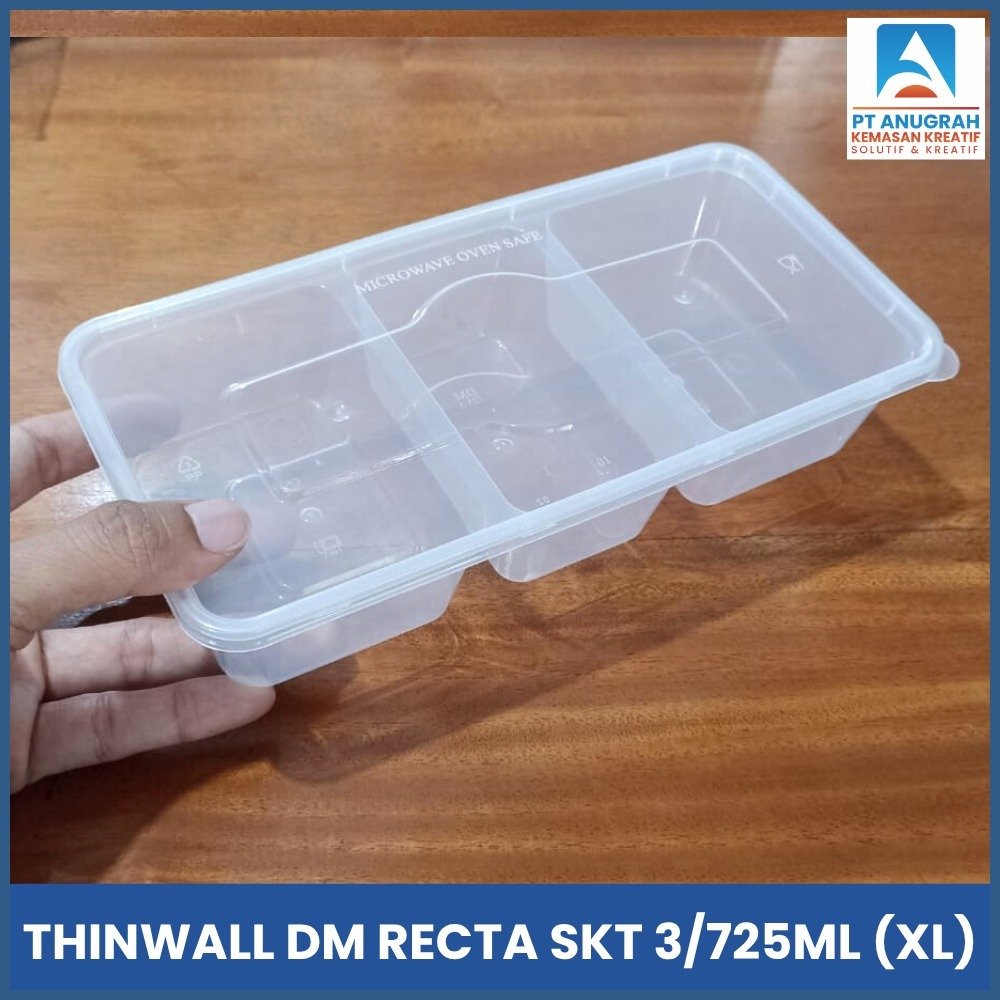 Thinwall DM Recta Persegi Panjang Ukuran 725 ML Sekat 3 / Thinwall Snack Bento Kotak makan Sekat isi 25 Pcs