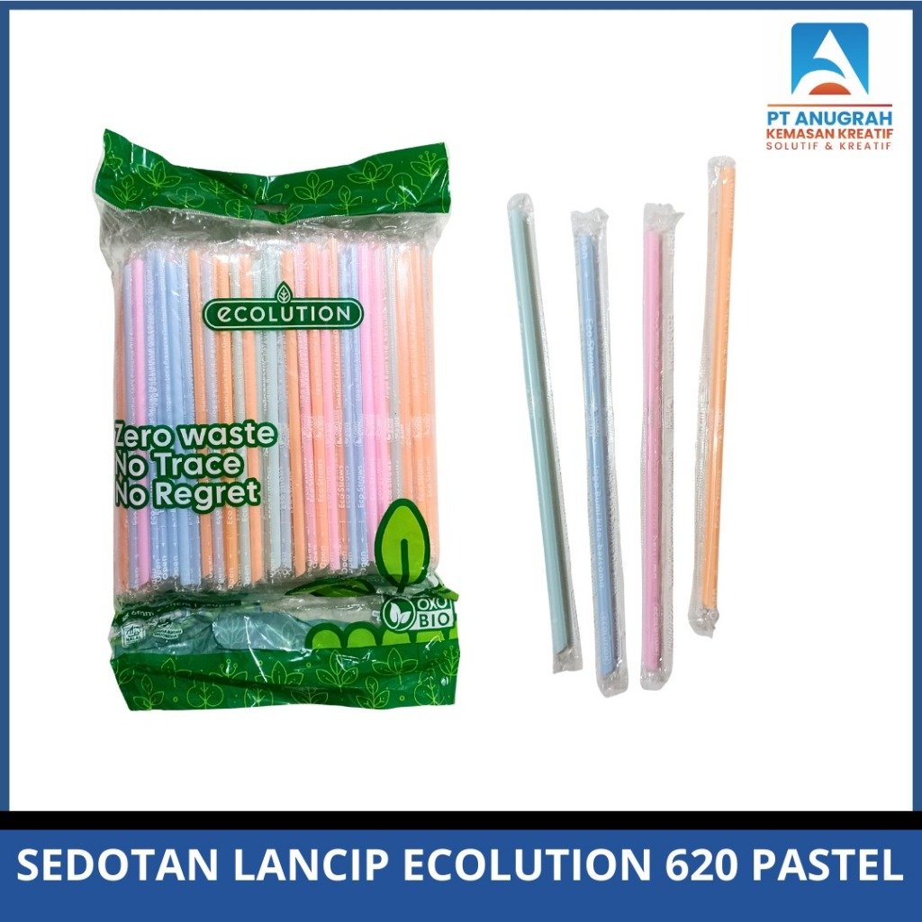 Sedotan Lancip Ecolution Steril Bungkus Plastik Warna Pastel 620 Isi 250 PCS Perpak Higienis