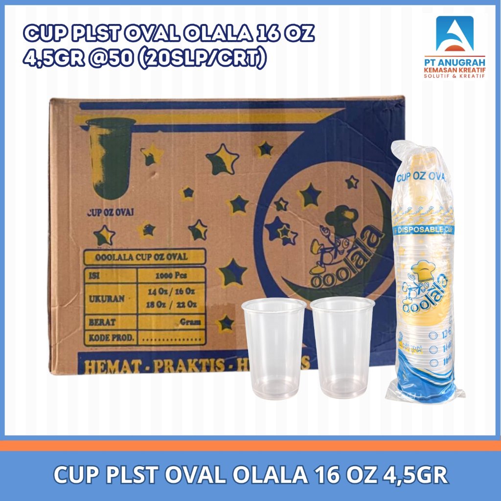 (1 KARTON) Gelas Cup Plastik Oval Olala 16 oz Isi 20 Slop Per karton Gelas Minuman Cup Plastik