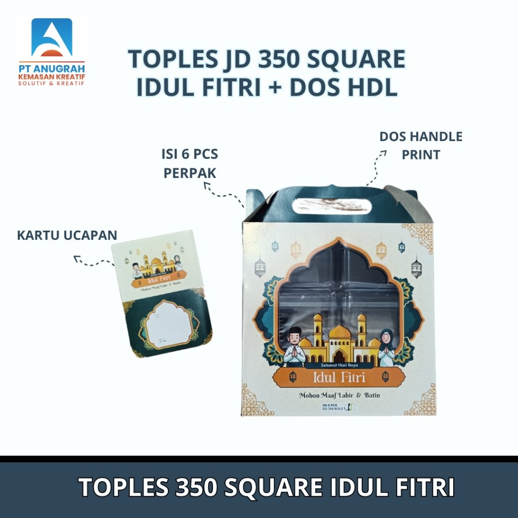 Toples Lebaran 350gr Kotak Square Motif Print Idul Fitri + Box Handle (6 Pcs/Pak) - Merk JD