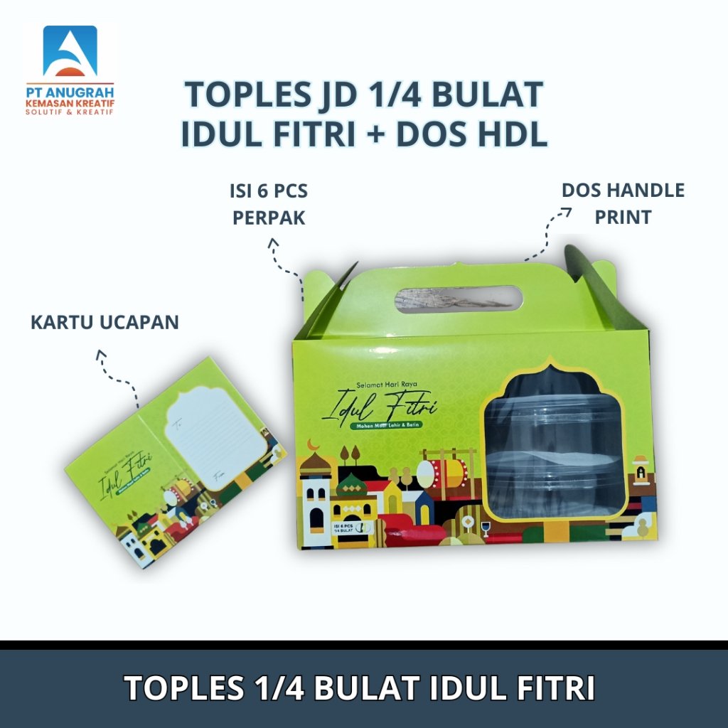 Toples Lebaran 250gr Bulat Motif Print Idul Fitri + Box Handle (6 Pcs/Pak) - Merk JD