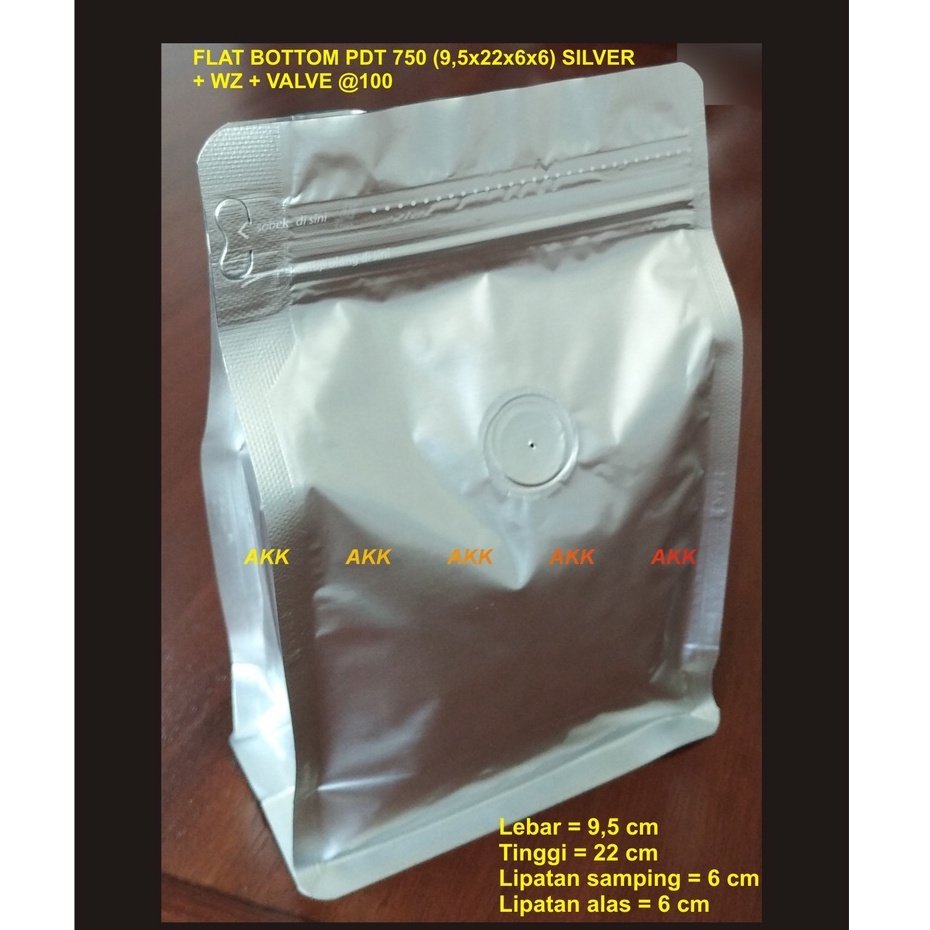 FLAT BOTTOM PADAT 750 (9,5x22x6x6) SILVER + ZIPPER + VALVE / KEMASAN KOPI (20 PCS)