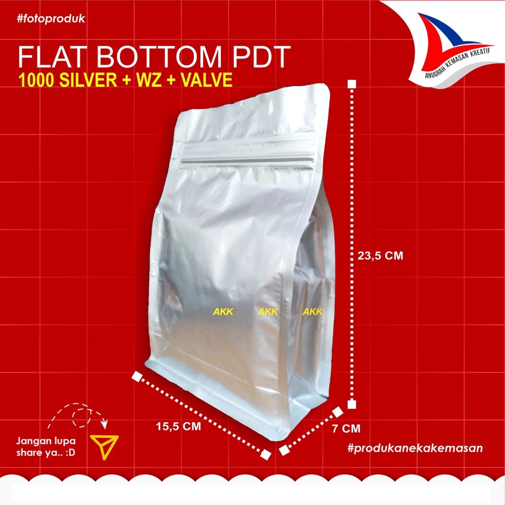 FLAT BOTTOM PADAT 1000 (15,5x23,5x7x7) SILVER + ZIPPER + VALVE / KEMASAN KOPI (20 PCS)
