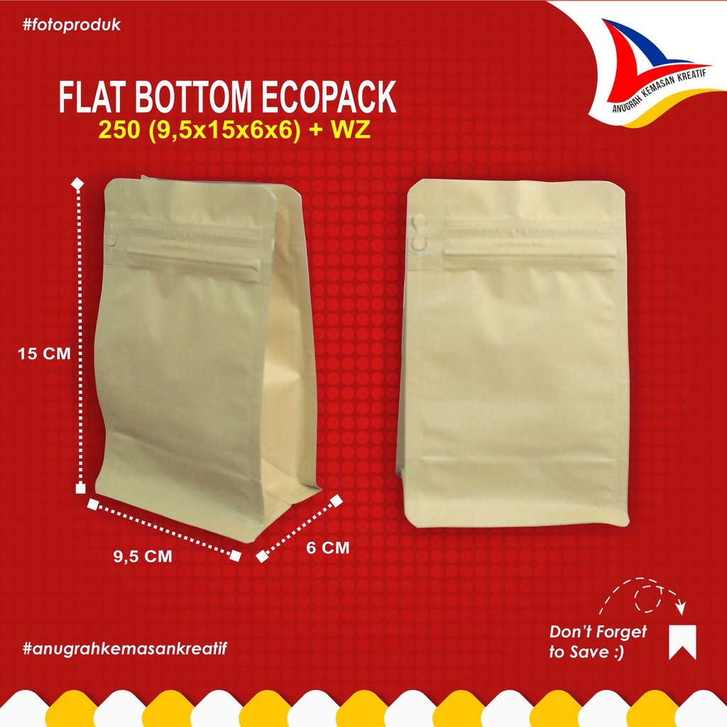 Flat Bottom Ecopack 250 (9,5x15x6) + Zipper / Kemasan Kopi (20pcs)