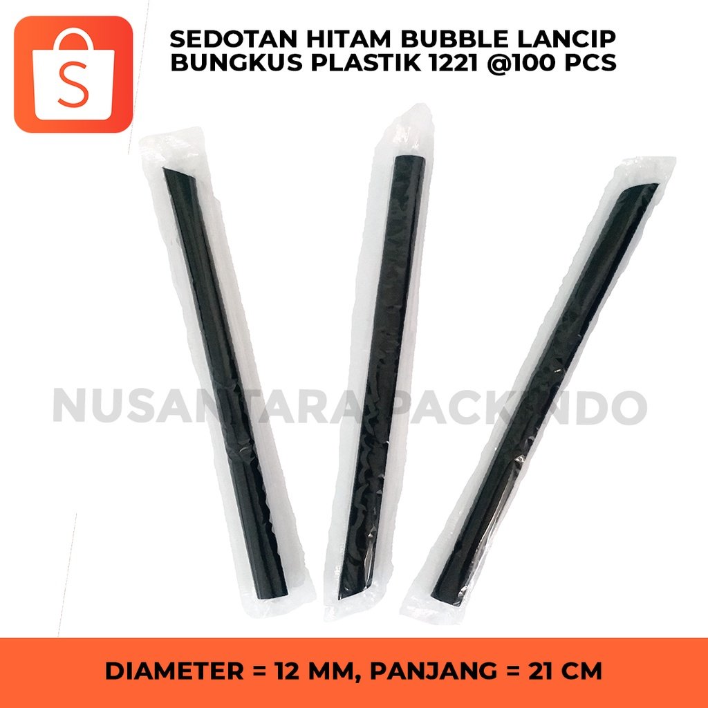Sedotan Hitam Bubble Lancip Bungkus Plastik 1221 Isi 100 Pcs / Sedotan Boba
