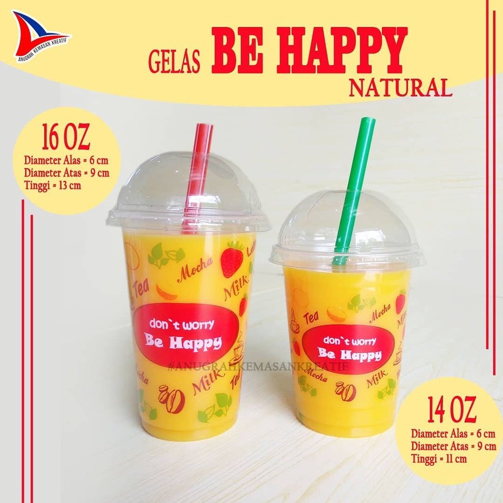 Gelas Sap 14 Oz Be Happy Nat (Bening) 7gr Isi 50 Pcs
