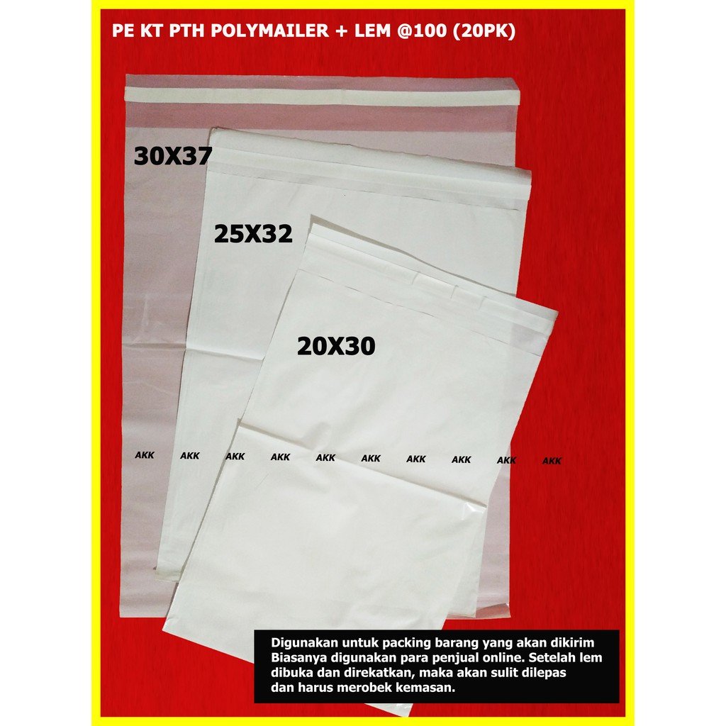 AMPLOP PE KT PUTIH POLYMAILER  20x30 + LEM UNTUK PACKING (100 PCS)