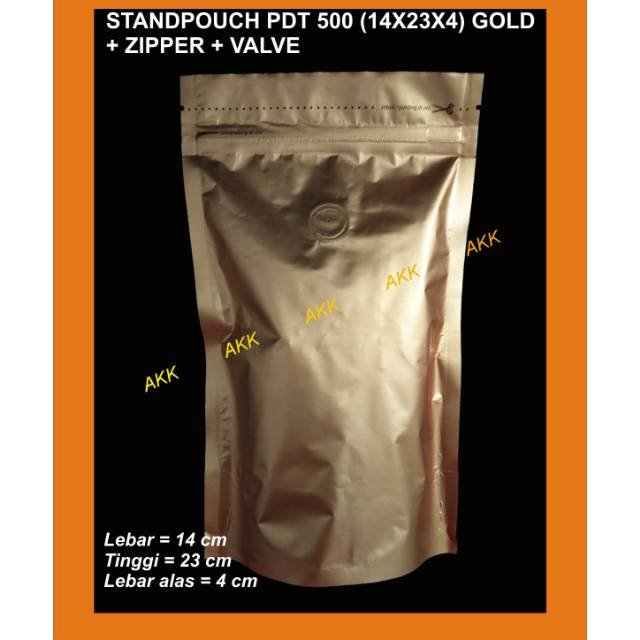 Stand Pouch 500gr Gold + Zipper + Valve / Kemasan Kopi (20 Pcs)