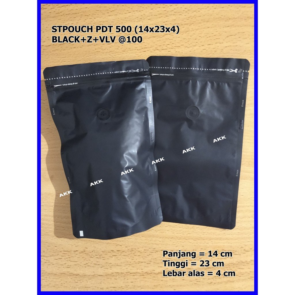 STAND POUCH PDT 500  GR (14x23x4) BLACK) + ZIPPER + VALVE / KEMASAN KOPI (20 PCS)