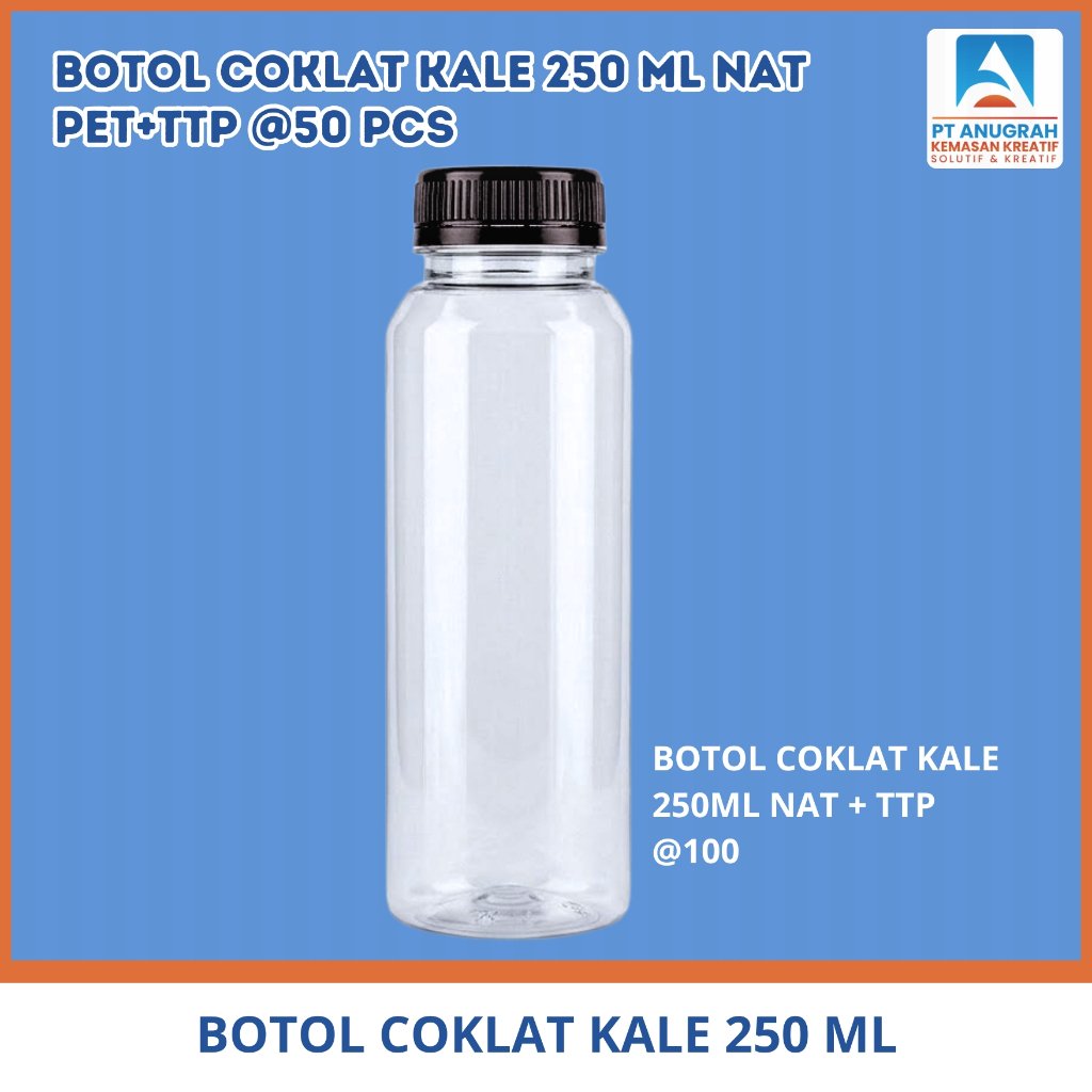 Botol Coklat Kale 250 Ml Nat Pet Tbl 27 Gr + Tutup (50 Pcs)