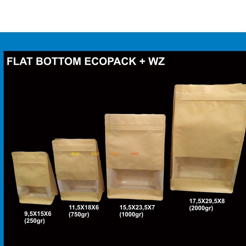 Flatbottom Ecopack Kraft 2000 Zipper + Window / Kemasan Kopi (100 Pcs)