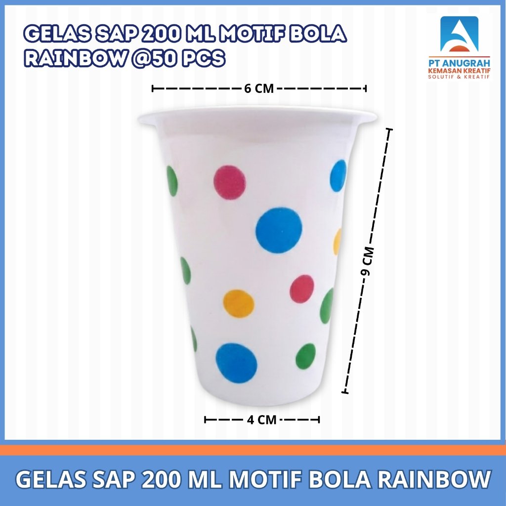 Gelas Sap 200 Ml Motif Bola Rainbow / Gelas Kopi Teh Syrup Isi 50 Pcs